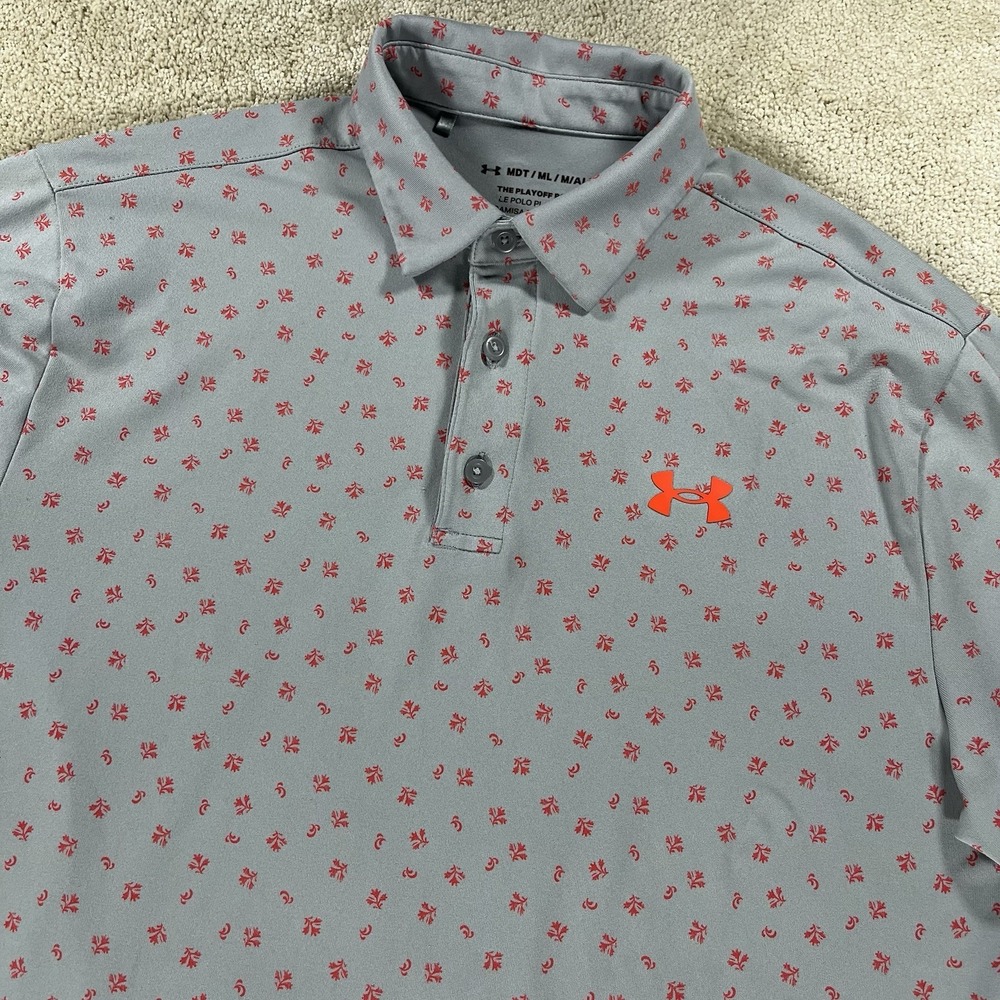 Under Armour The Playoff Polo Shirt Men's M Gray Loose All Over Print Floral EUC